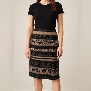 Jones New York 100% Silk Wrap Skirt 6 Brown Black Tribal Print Straight Knee